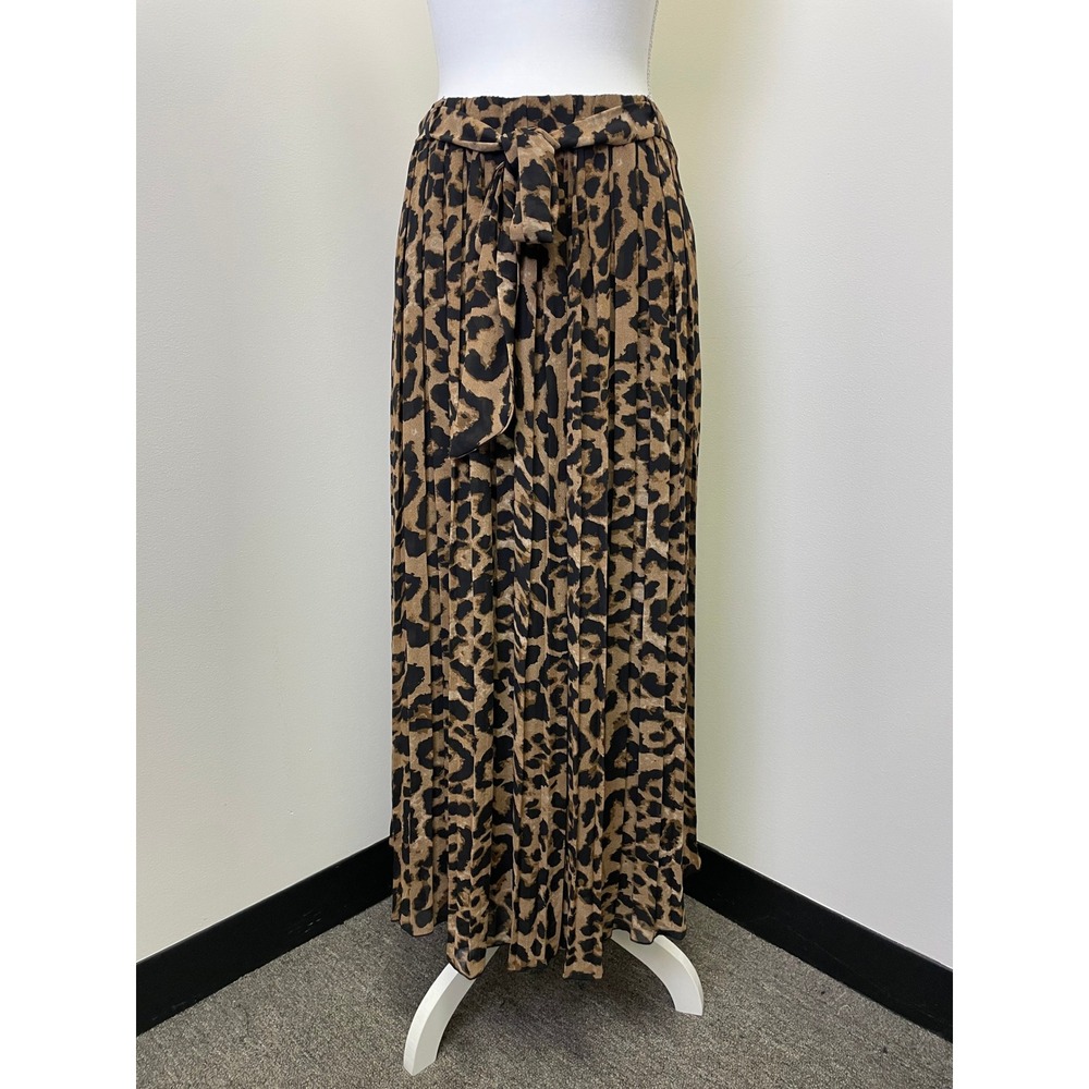 Joie Leopard Print Pleated Maxi Skirt XL Brown Black Animal Print Tie Waist